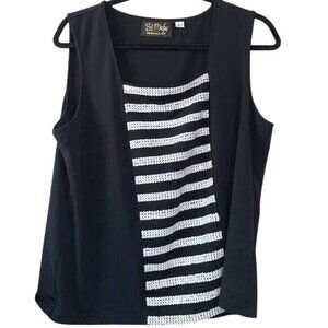 Bob Mackie Wearable Art Black Sleeveless Top W/ Silver Stripe Detail Womens L Po